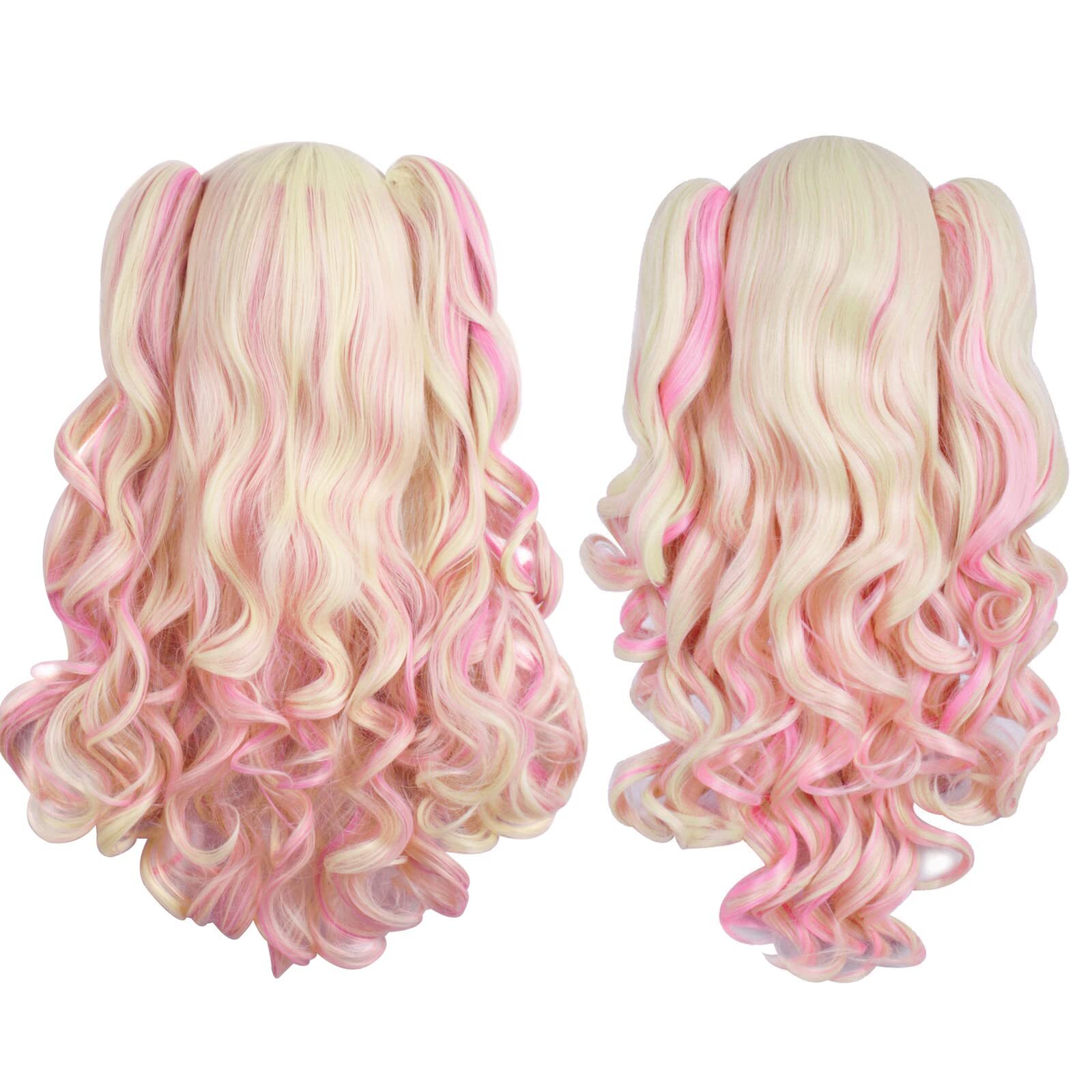 Multi-color Lolita Long Curly Clip on Ponytails Cosplay Wig Blonde/Pink