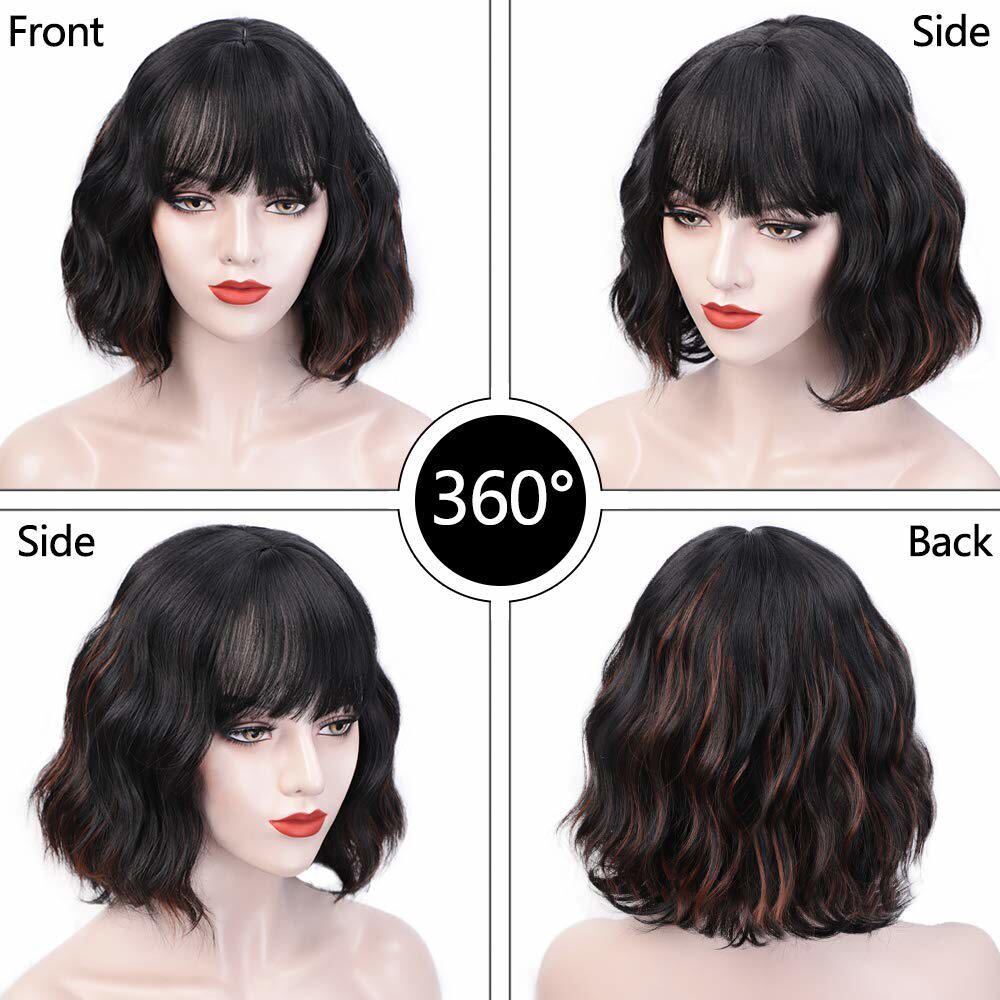 Wavy Wigs with Bangs for Women Black Mixed Brown Short Bob Curly Wig