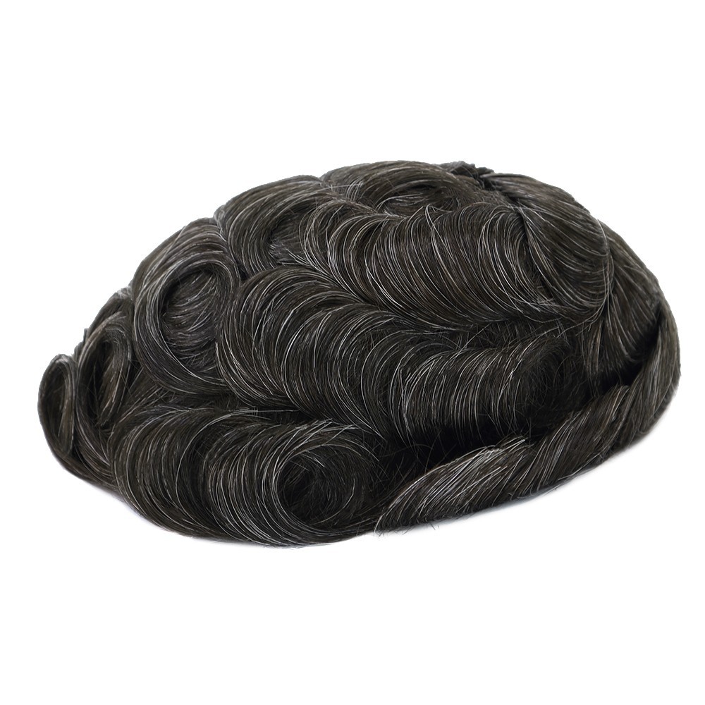 Men Toupee Human Hair Replacement System Hairpiece Ultra Skin Dark Brown 20%Grey