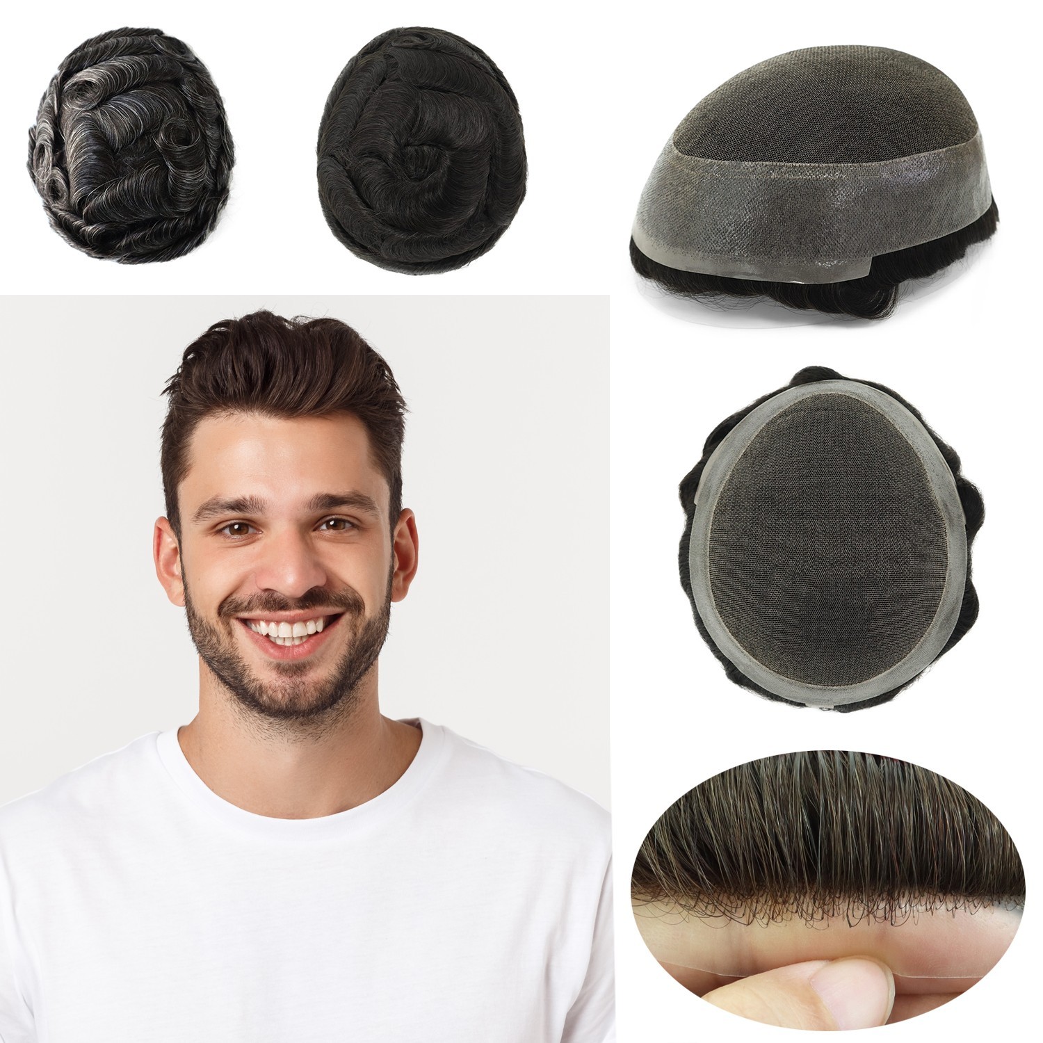 Mens Toupee Hairpieces Lace PU Hair System Replacement Thin Skin Grey Hair 130%
