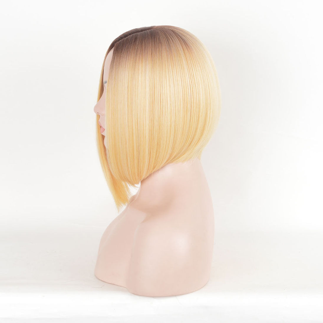 Blonde Straight Bob Style Hair Dark Root Ombre Synthetic Wigs Women Short Wig