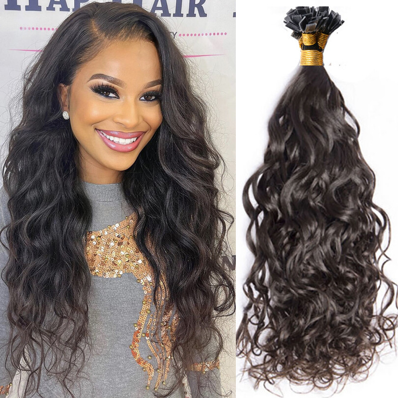 Wet and Wavy Flat Tip Human Hair Extension Pre Bonded Keratin Fusion Hair 100Pcs