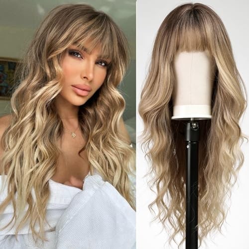 Ombre Blonde Wigs Bangs Highlight Long Wavy Wig Women Curly Synthetic Hair Party