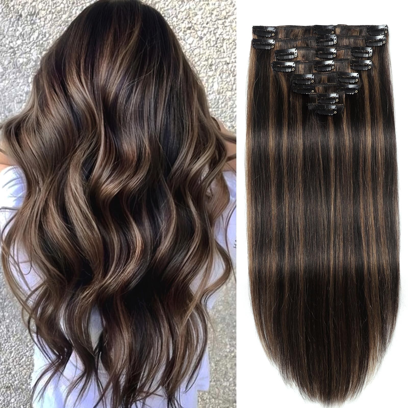 Invisible Clip-In Hair Extensions – 24″ Remy Human Hair, 120g, Balayage Highligh
