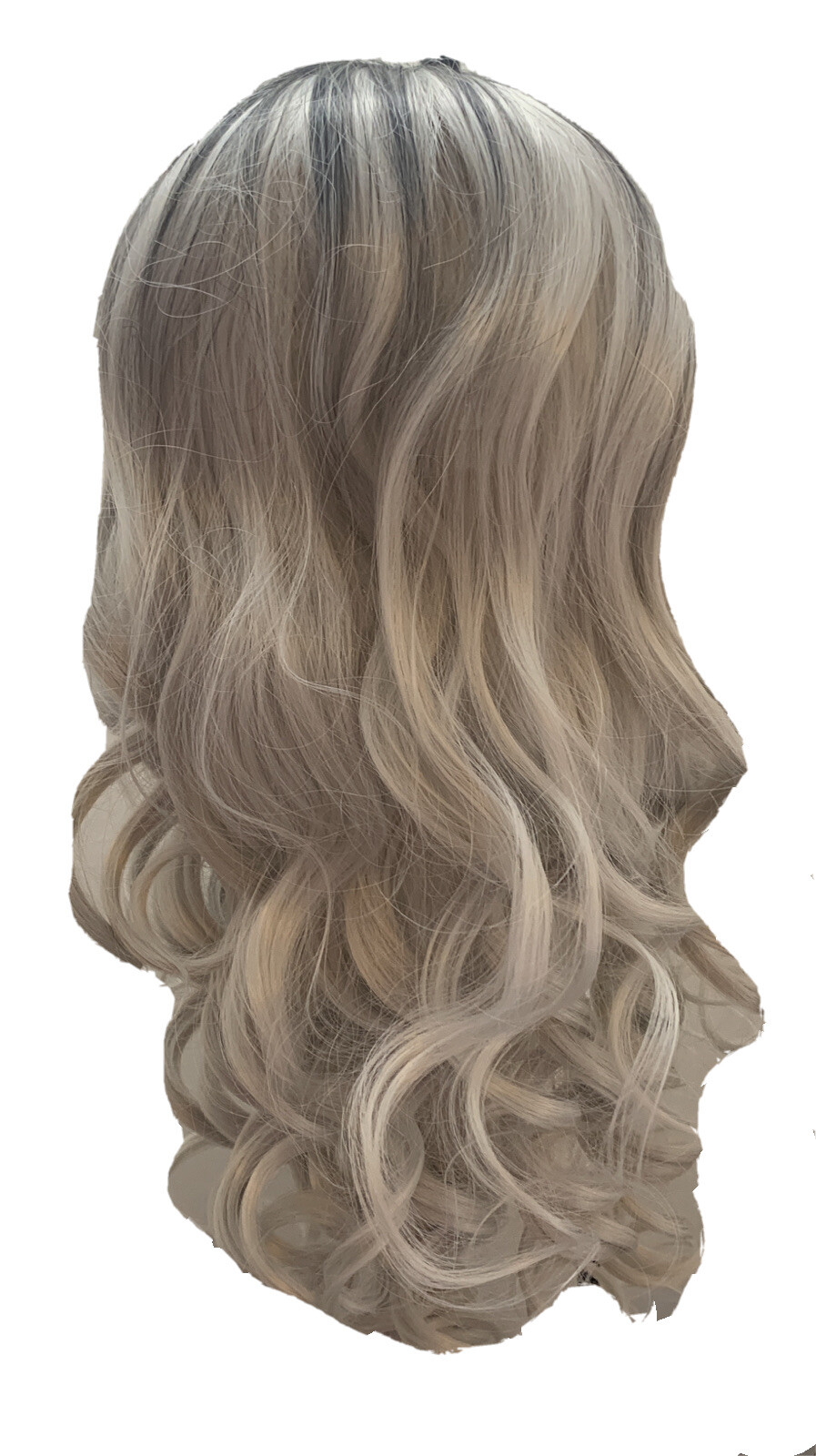Queentas-Silver Gray Ombre Long Wavy CurlyWig WomenSynthetic Hair PU 20” 1B Gray