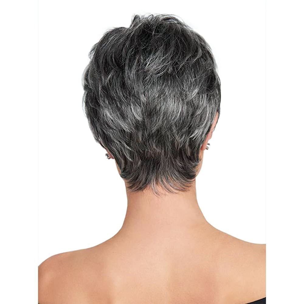 Womens Short Grey Wig Layered Synthetic Heat Resistant Pixie Hair Wig Daily Gift