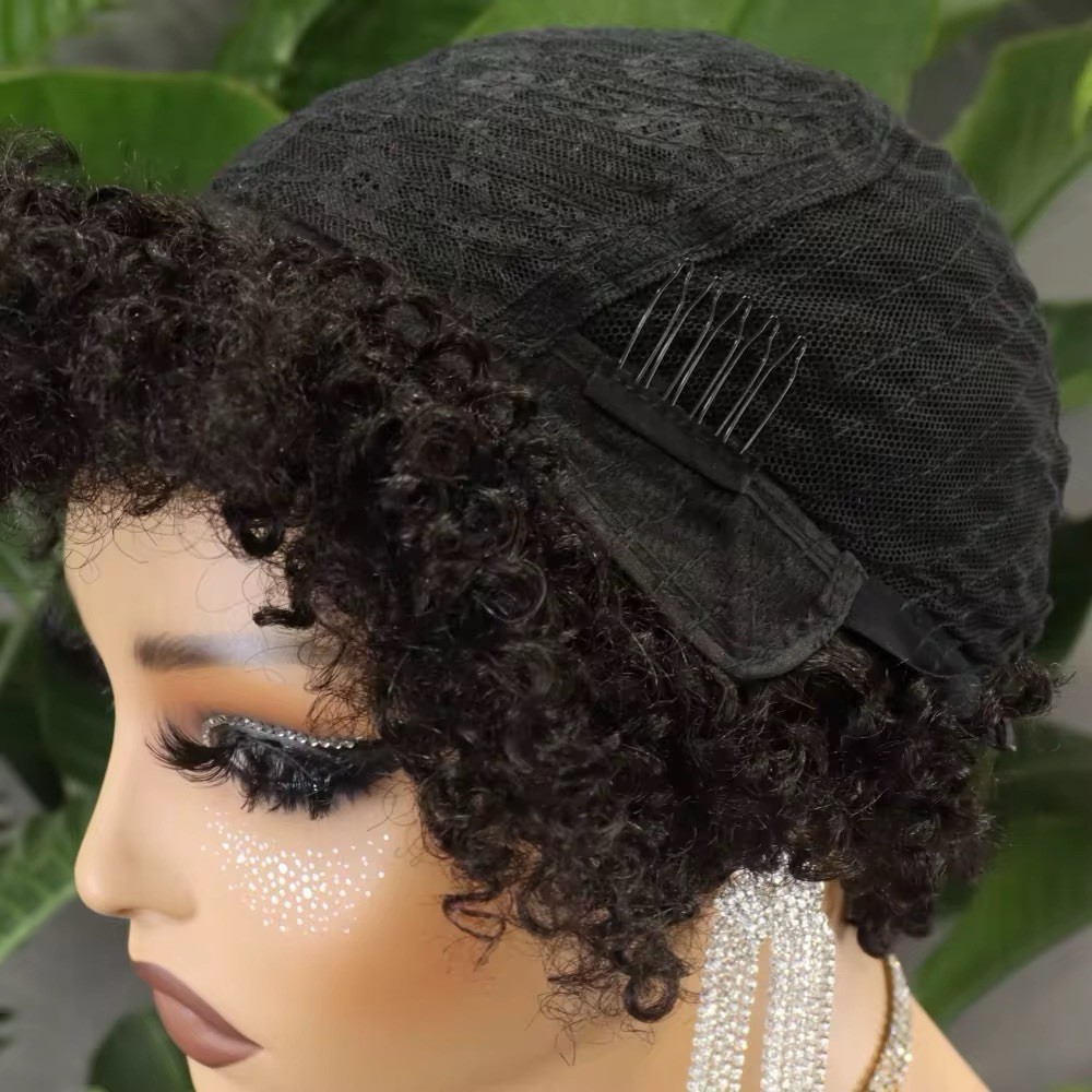 Short Afro Curly Black Color Pixie Cut human hair Wig for African American Women