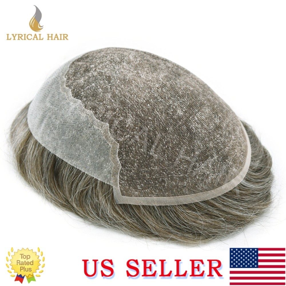 Mens Toupee French Lace Front Human Hair Replacement System Black Brown Grey Wig