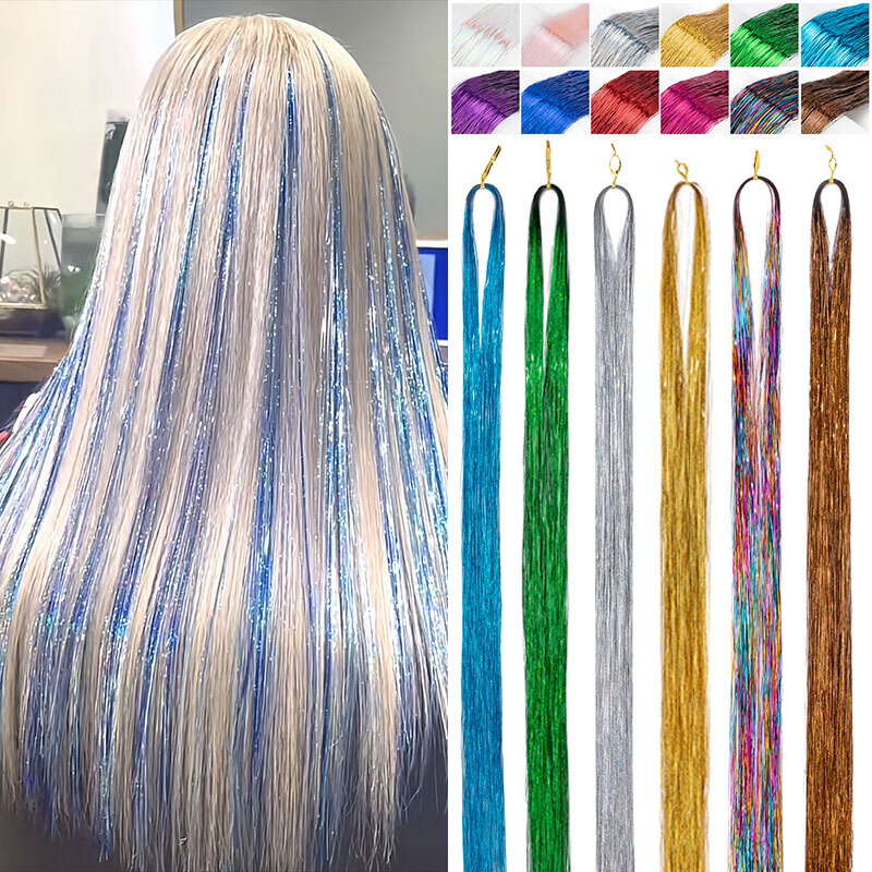 Long Fairy Hair Tinsel Sparkling Shiny Hair Extensions 400 Strands 12 Colors 47″