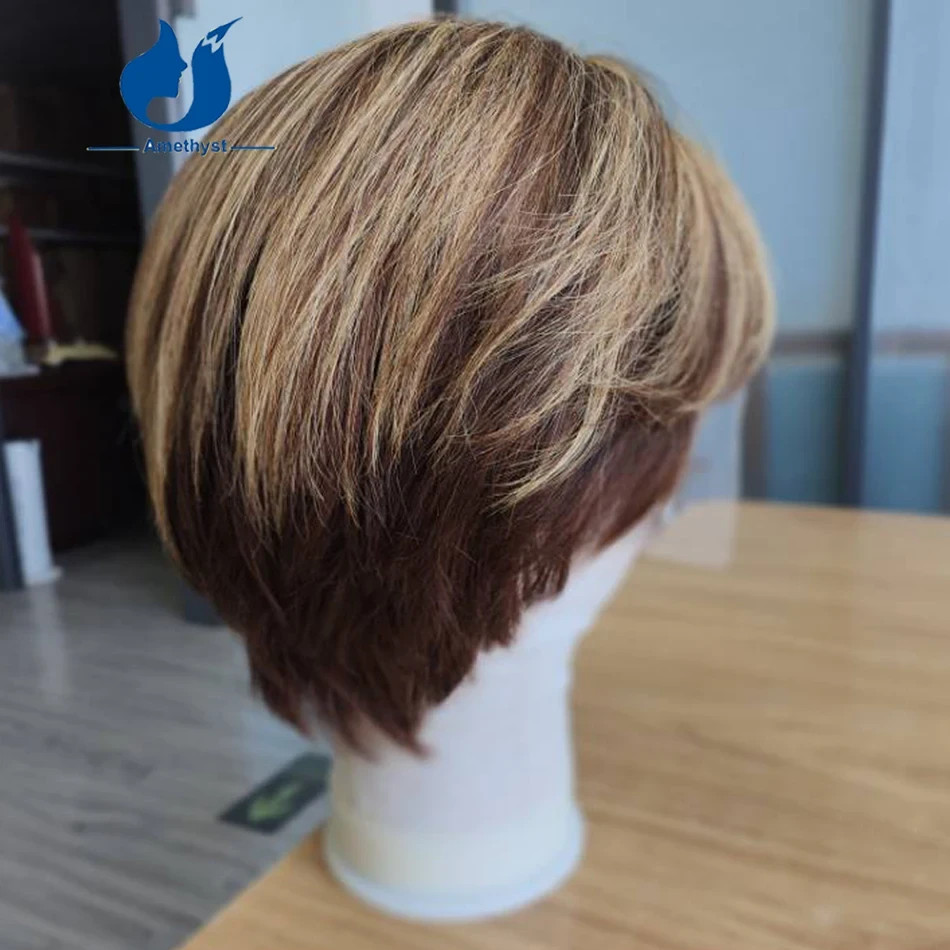 13×6 Short Pixie Cut Lace Front Wig for Men Brazilian Remy Human Hair Highlight