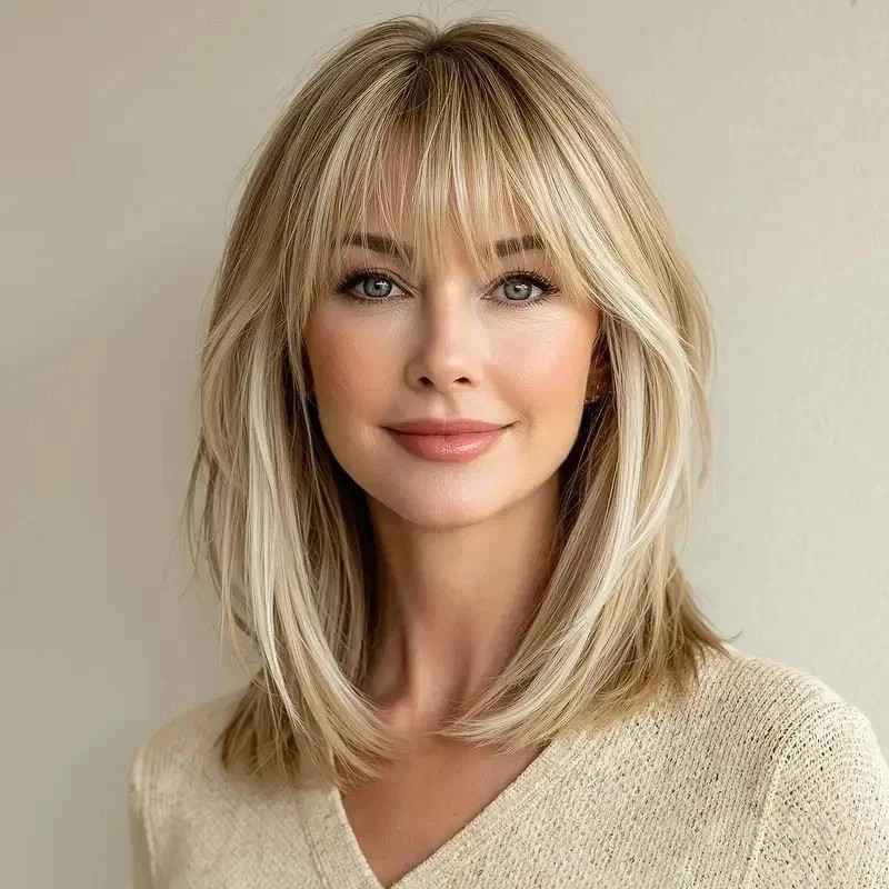 100% Human Hair New Fashion Women’s Medium Blonde Brown Straight Wigs 14 Inch