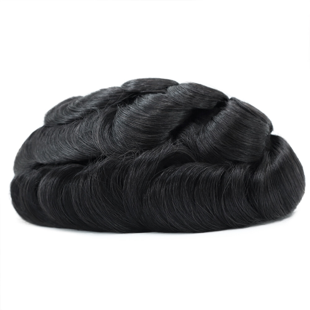 Mens Toupee Fine Mono Hair Replacement System Natural Black Hairpieces #1C