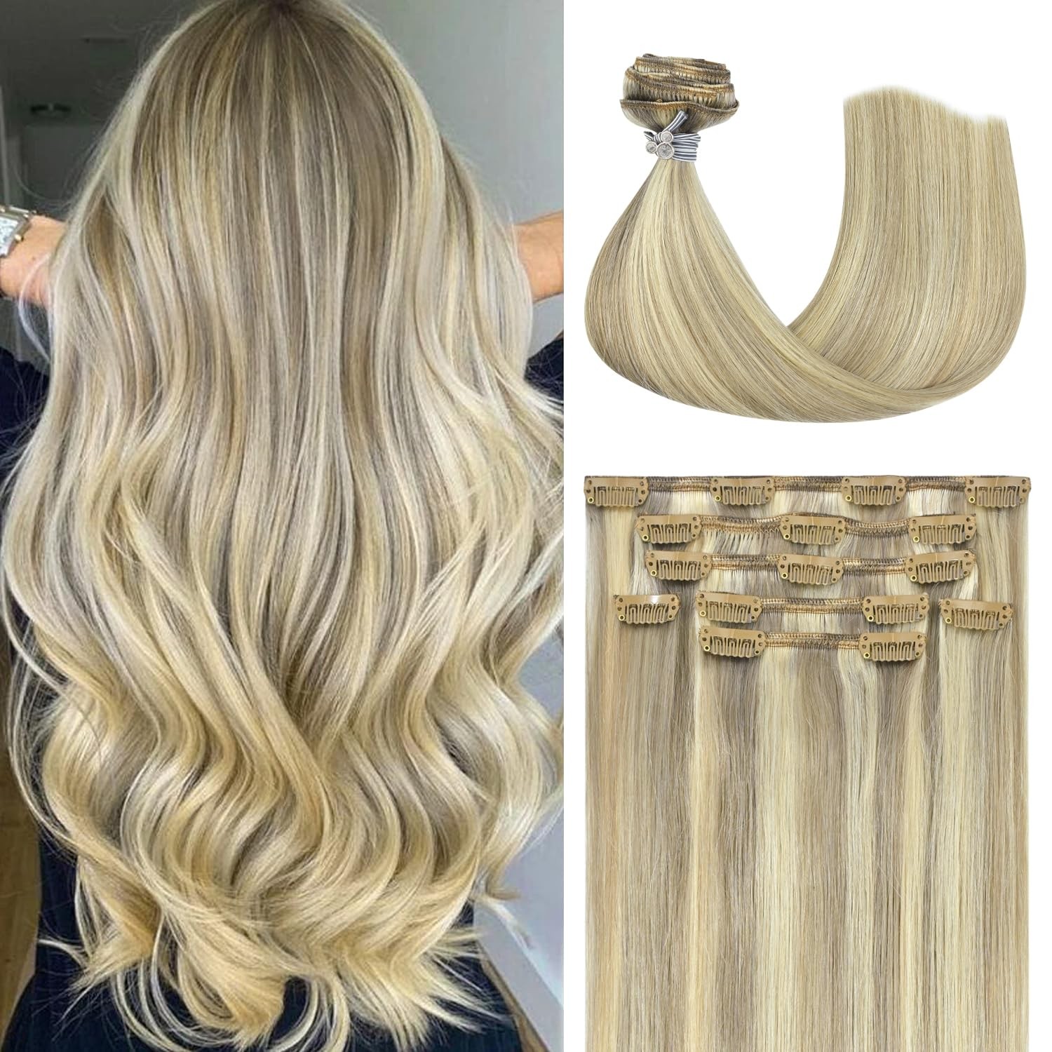 Balayage Hair Extensions Real Human Hair Mixed Bleach Blonde 20in 100g 7pcs C…