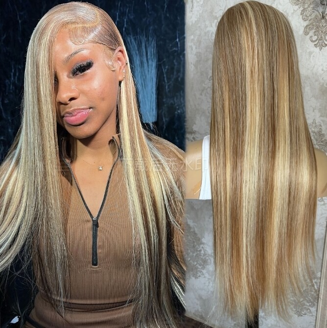 Straight 100% Real Human Hair Wig Highlight Blonde 4×4 Lace Front Wig For Women