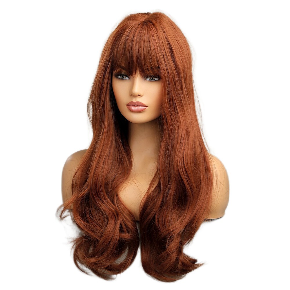 Synthetic Hair Heat Resistant Dress Up Wig With Bangs Copper Red Long Wavy