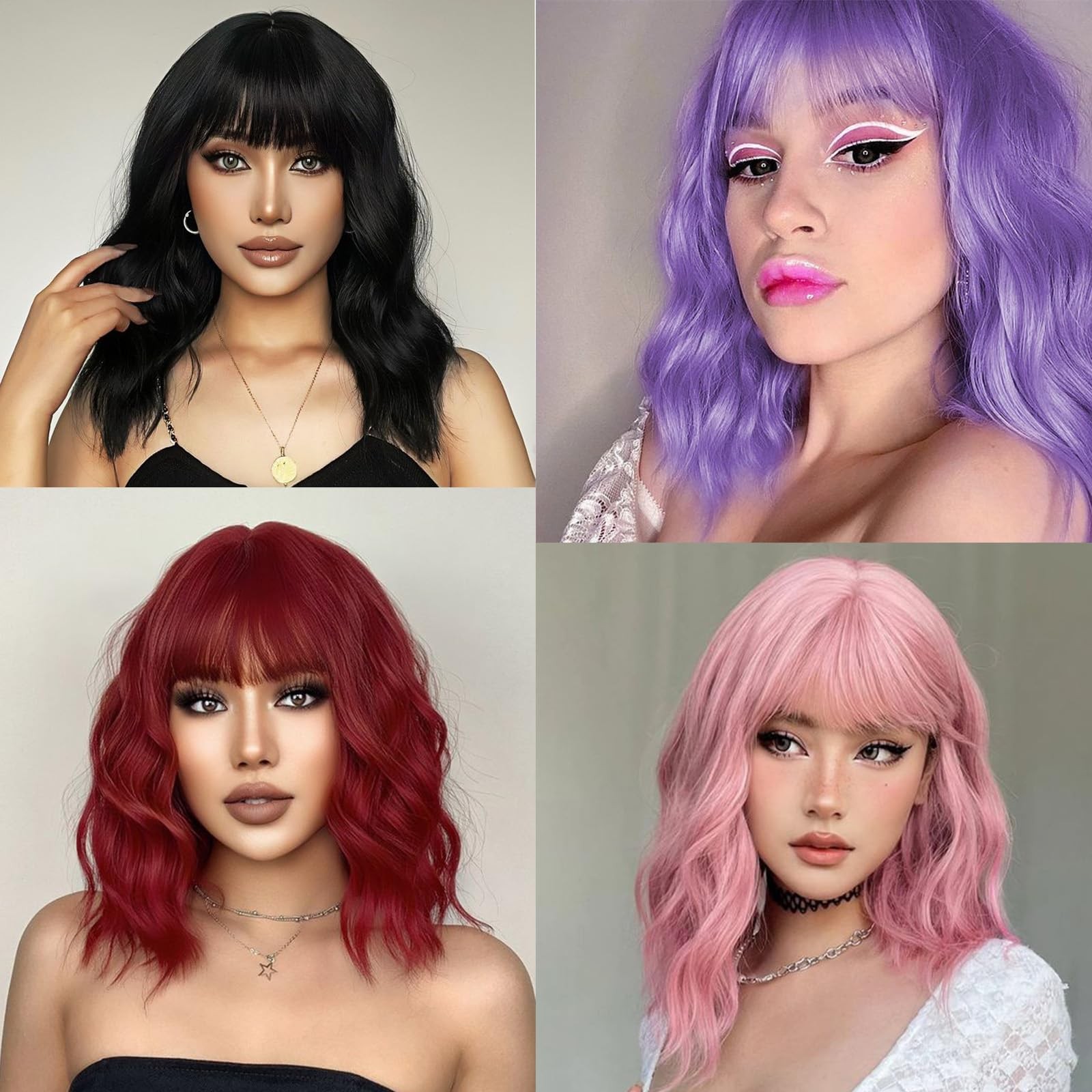 Pink Wavy Wig With Bangs, Wavy Wig for Women，Synthetic Natural Looking Heat R…