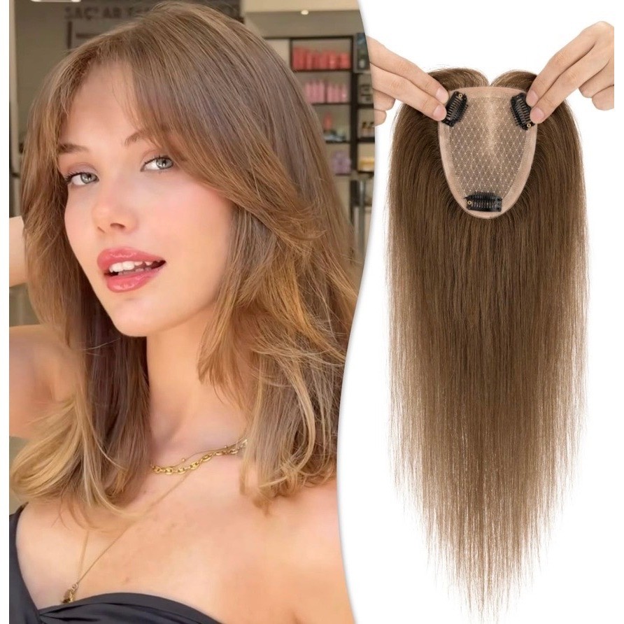 100% Remy Human Hair Topper 16 Inch 150% Density Medium Brown Clip-In Piece