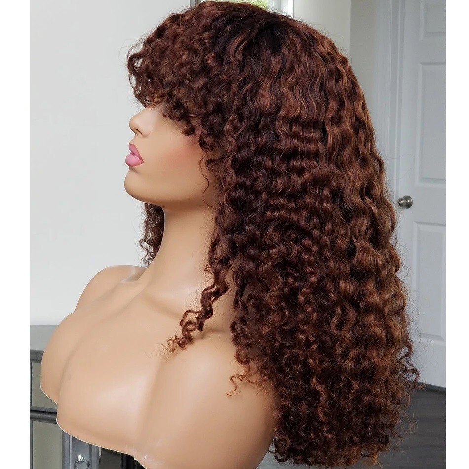 Brown Deep Curly Full Machine Made Wigs With Bangs Brazilian Remy Hair Scalp Top