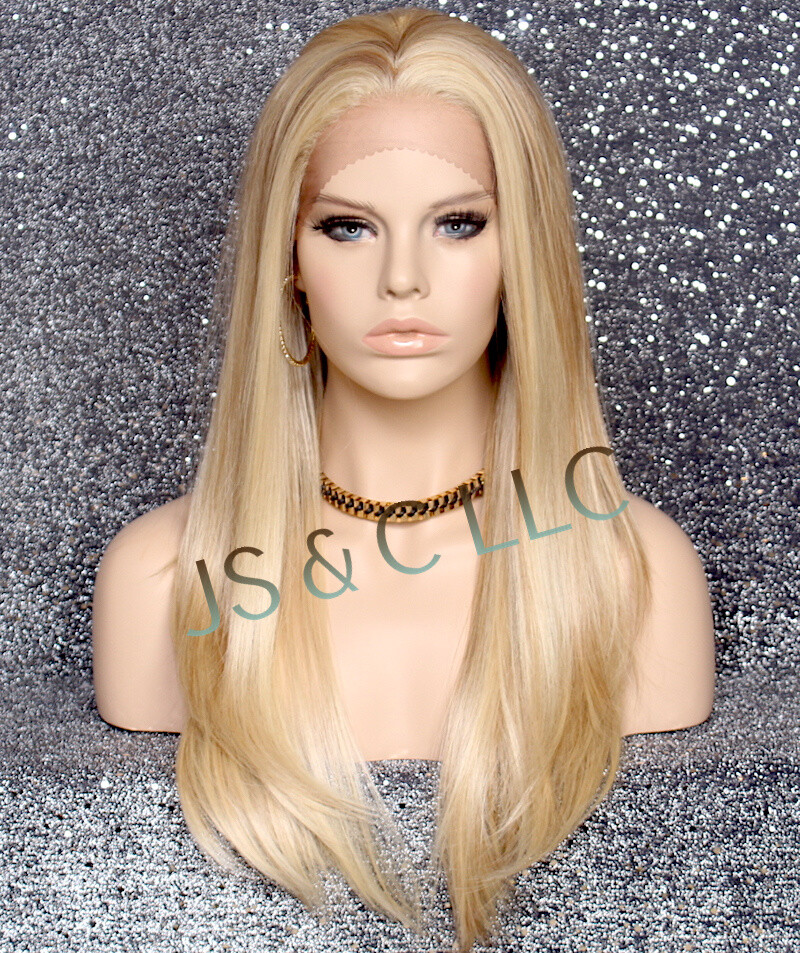 Long Straight Human Hair Blend Mono Top Lace Front Wig Blonde mix 613-27 WBDL