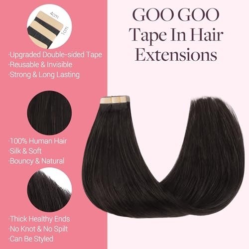 GOO GOO Tape in Hair Extensions Human Hair, 2 Dark Brown, 20inch 50g 20pcs