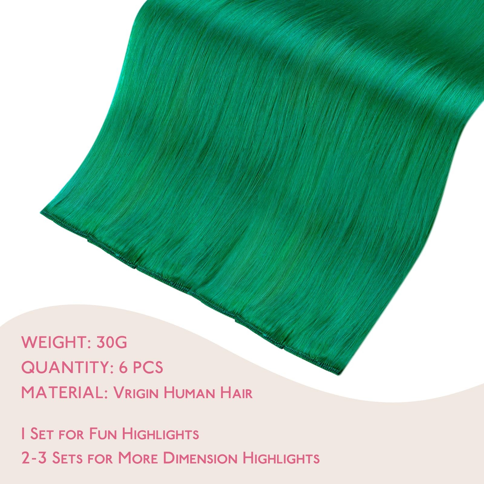Green Clip in Hair Extensions Real Human Hair 35g 6pcs 20 Inch Colored Hair E…