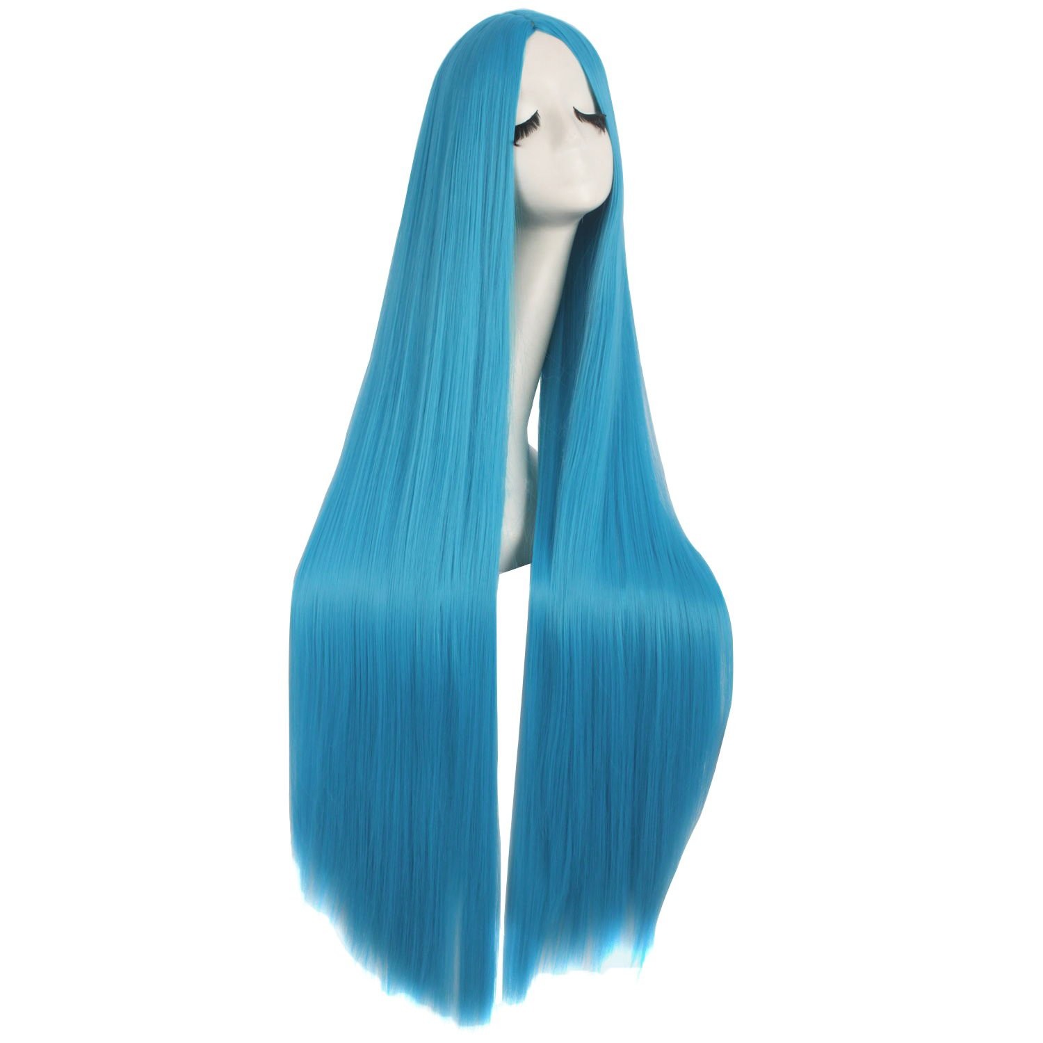 Long Straight Cosplay Wig 100cm Cyan Blue Synthetic Soft Hair Women