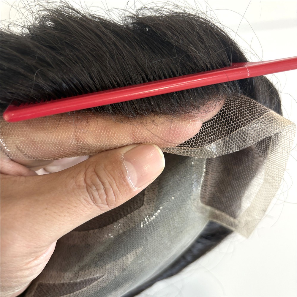 Mens Toupee Poly Skin Hybrid Remy Hair #1B Natural Black Breathable Hair System