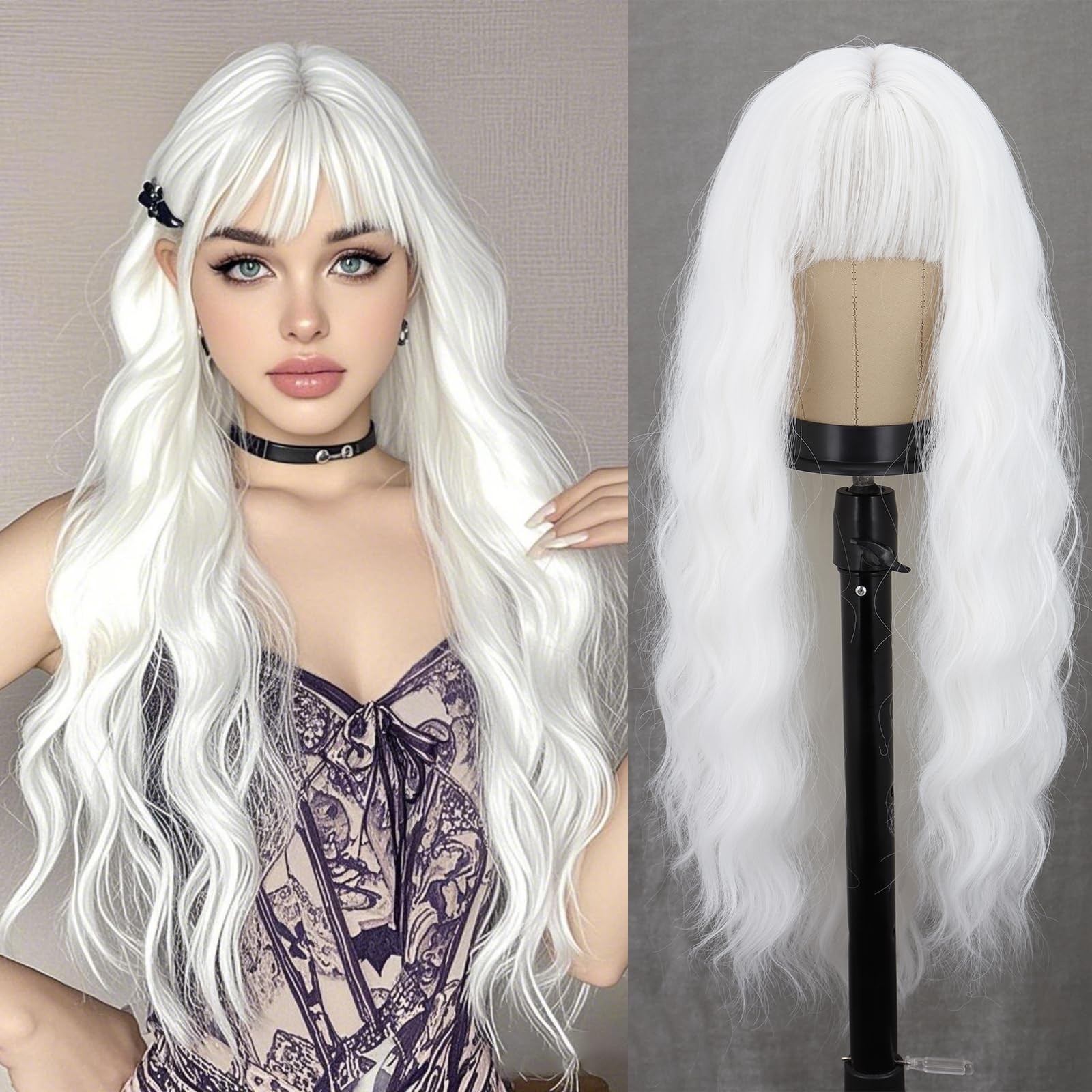 Long White Wavy Wig with Bangs 26 Inches Natural Looking Synthetic Heat Resis…
