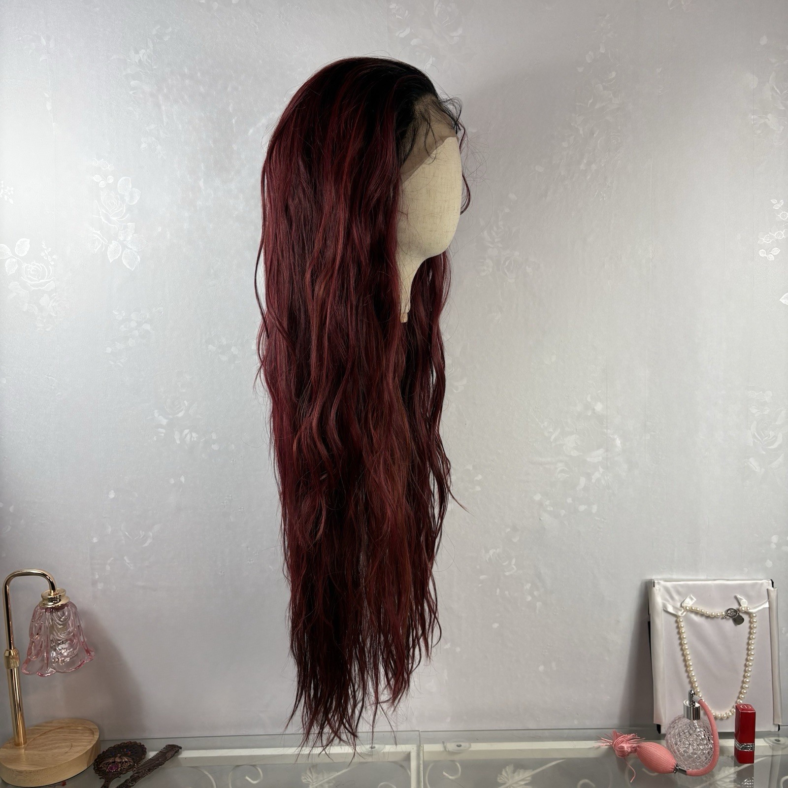 Long wavy Dark Roots To Mahogany Human Hair Blend Lace Front Daily Wig.