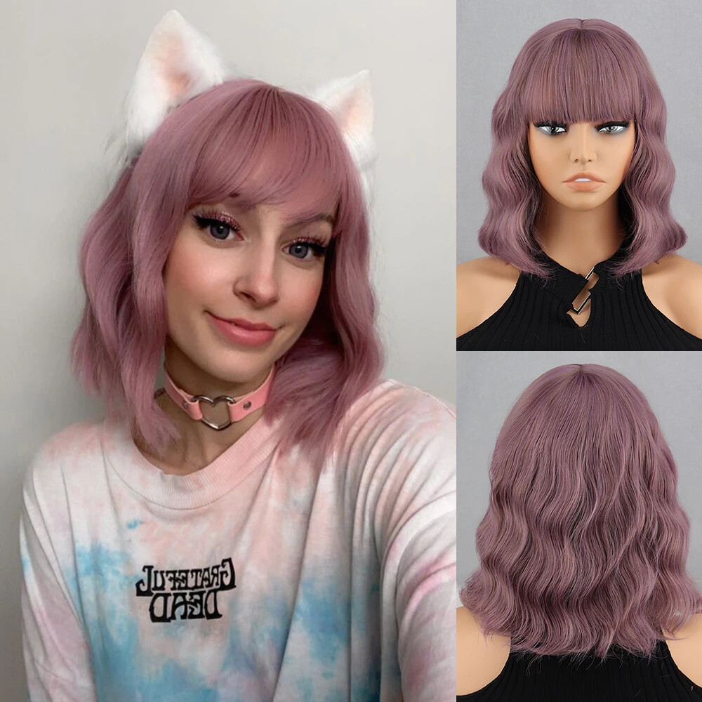New Short Brown Synthetic Wig Women’s Bangs Dark Blue Pink Black Wig Party Use