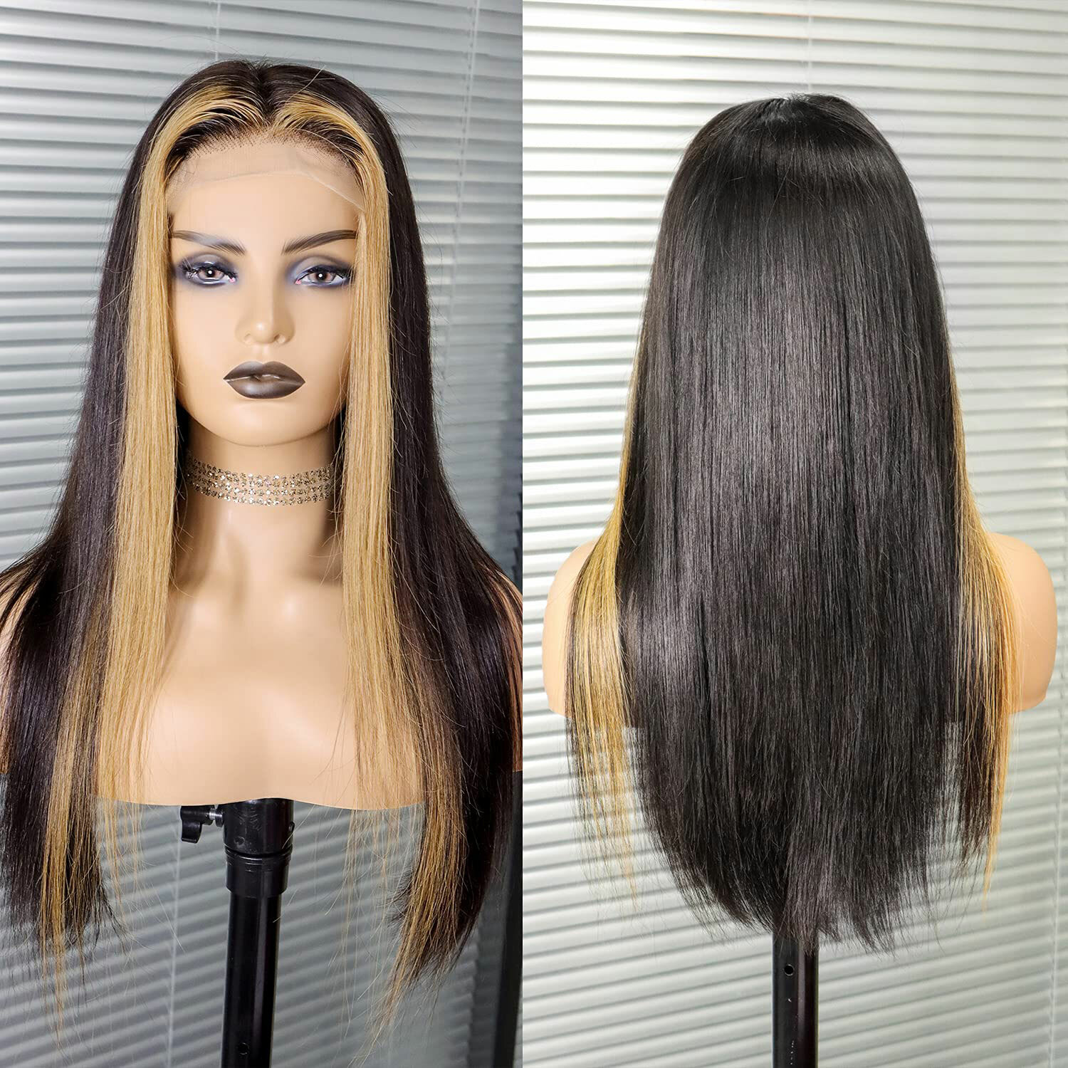 Blonde Skunk Stripe Highlight Long Straight Black Wigs Lace Front Wigs Glueless