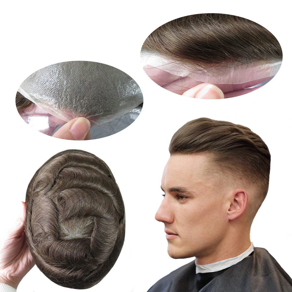 Mens Toupee Hair Replacement System Hairpiece 0.03 Thin Skin Human Hair Mirage#5