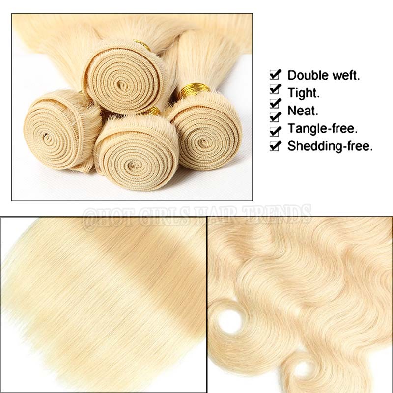 613 Bleach Blonde Virgin Human Hair Brazilian Indian weft Weave 300g/3Bundles HQ