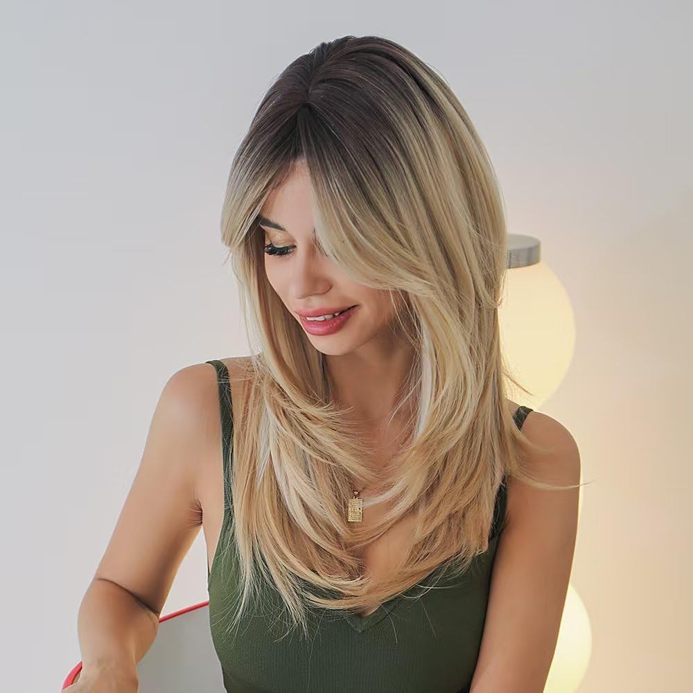 Women Long Blonde Ombre Wig with Deep Roots, Layered Synthetic Wig with Bangs…