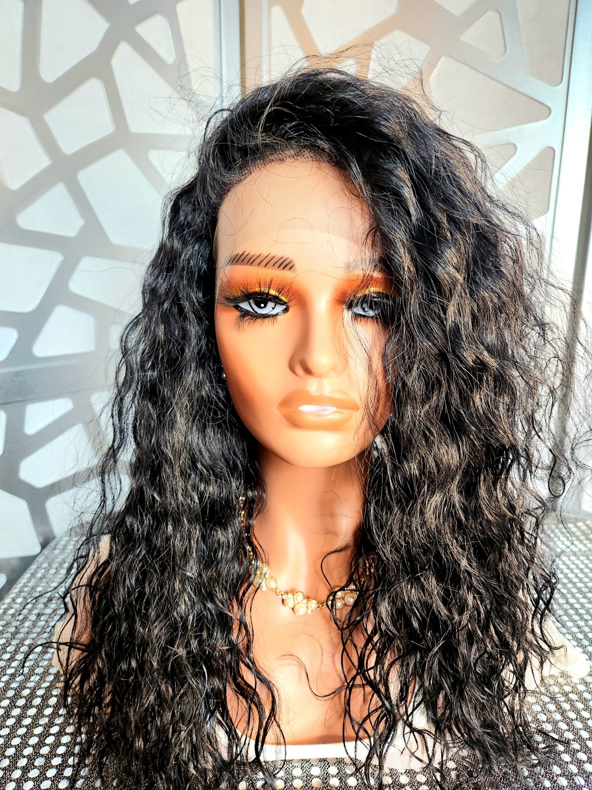 Jet Black Wavy Wig 13×6 Lace Front Human Hair Blend Curly Wig Heat Glueless