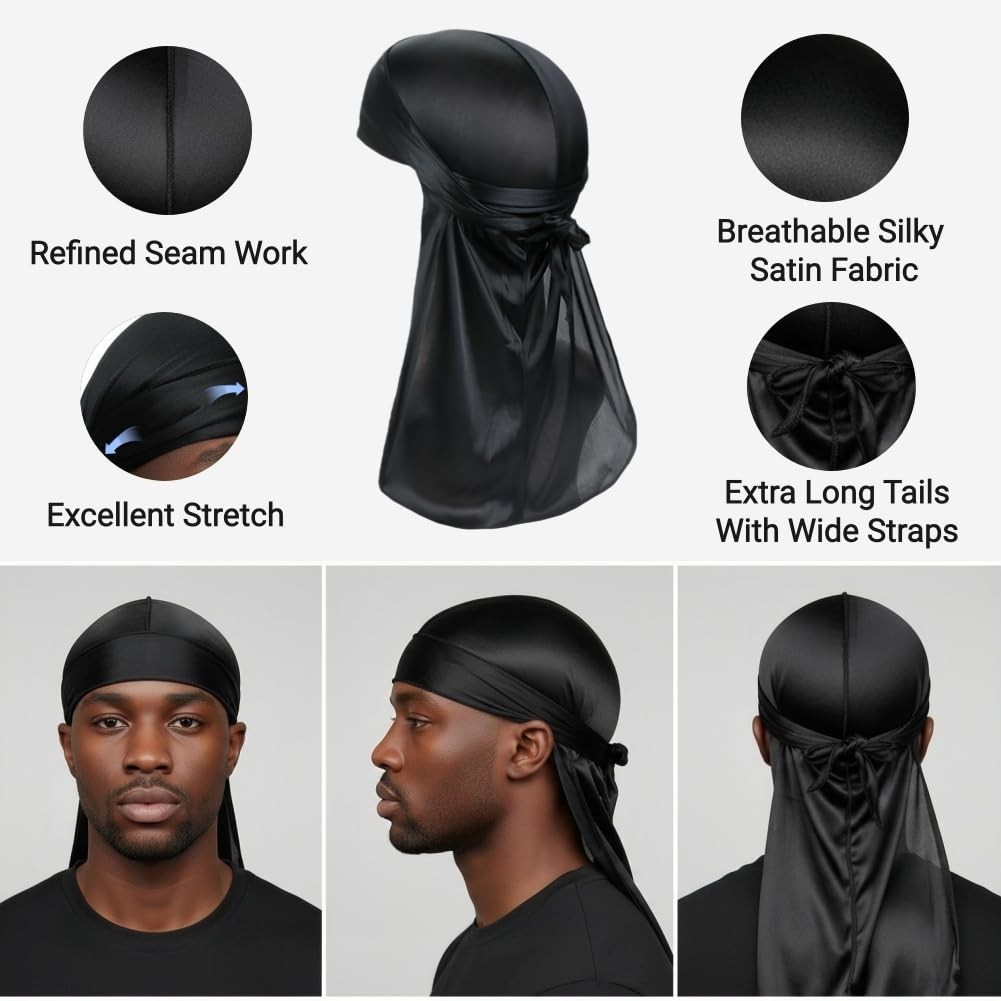 Silky Satin Durags for Men & Women – Long Tail Do Rag Cap, Headwrap for Waves