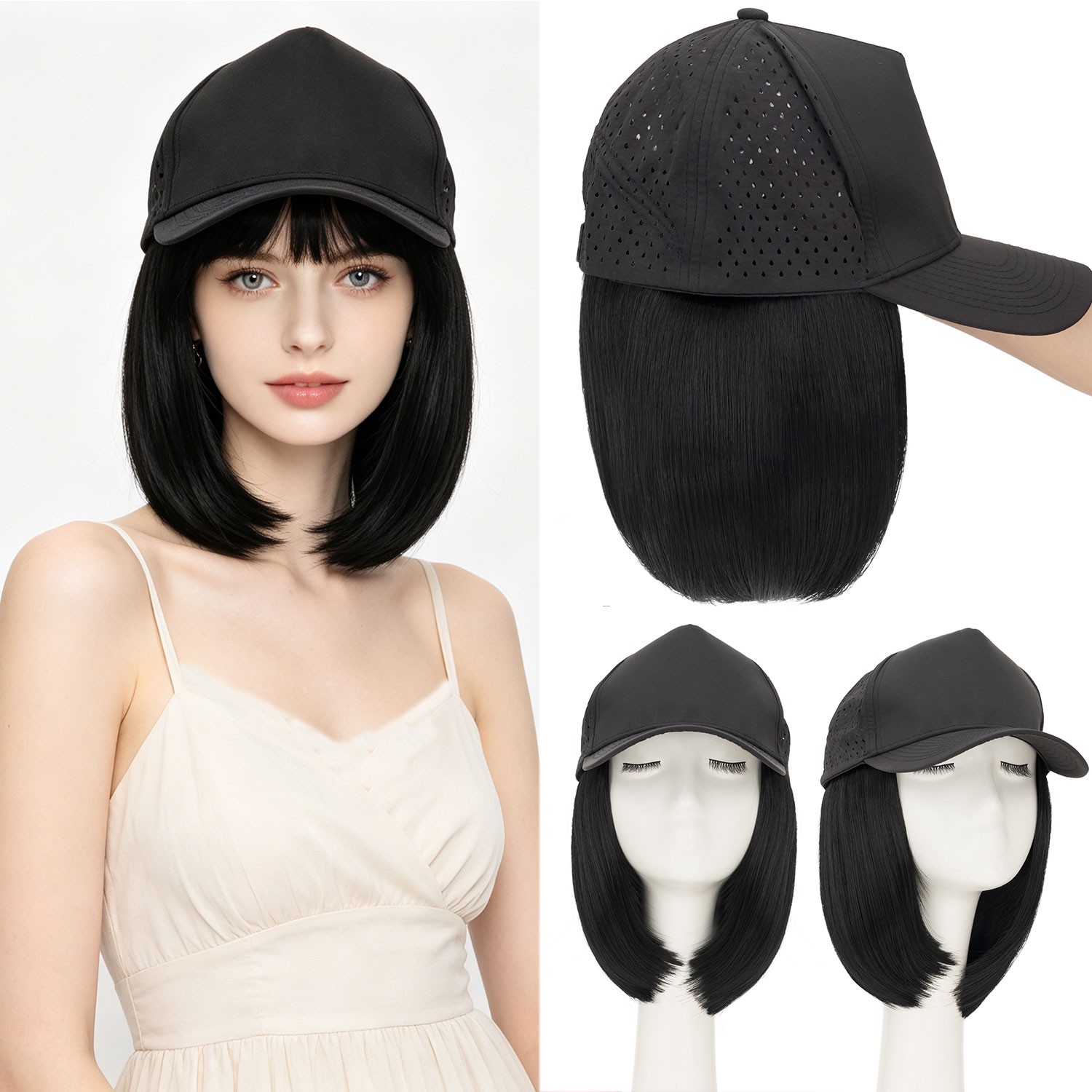 USA Women Baseball Cap with Synthetic Wig Straight Full Wigs Hat for Natural Use