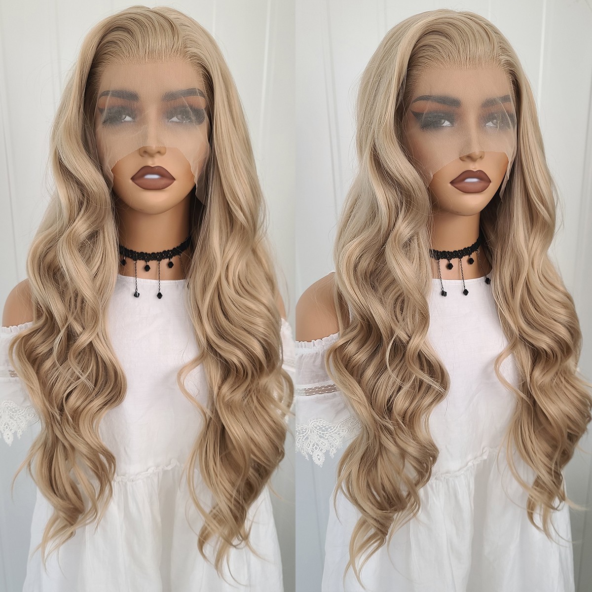 Heat Resistant Hair T Lace Front Wigs Long Wavy Ash blonde Layered Hairstyle