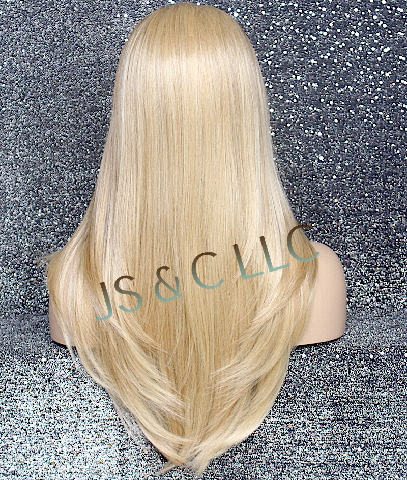 Long Straight Human Hair Blend Mono Top Lace Front Wig Blonde mix 613-27 WBDL