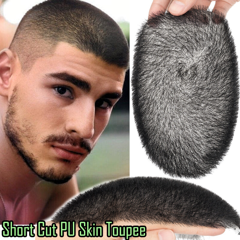 Mens Human Hair Toupee System Thin Skin PU Hairpiece Wigs Short Buzz Cut 5×7″ US
