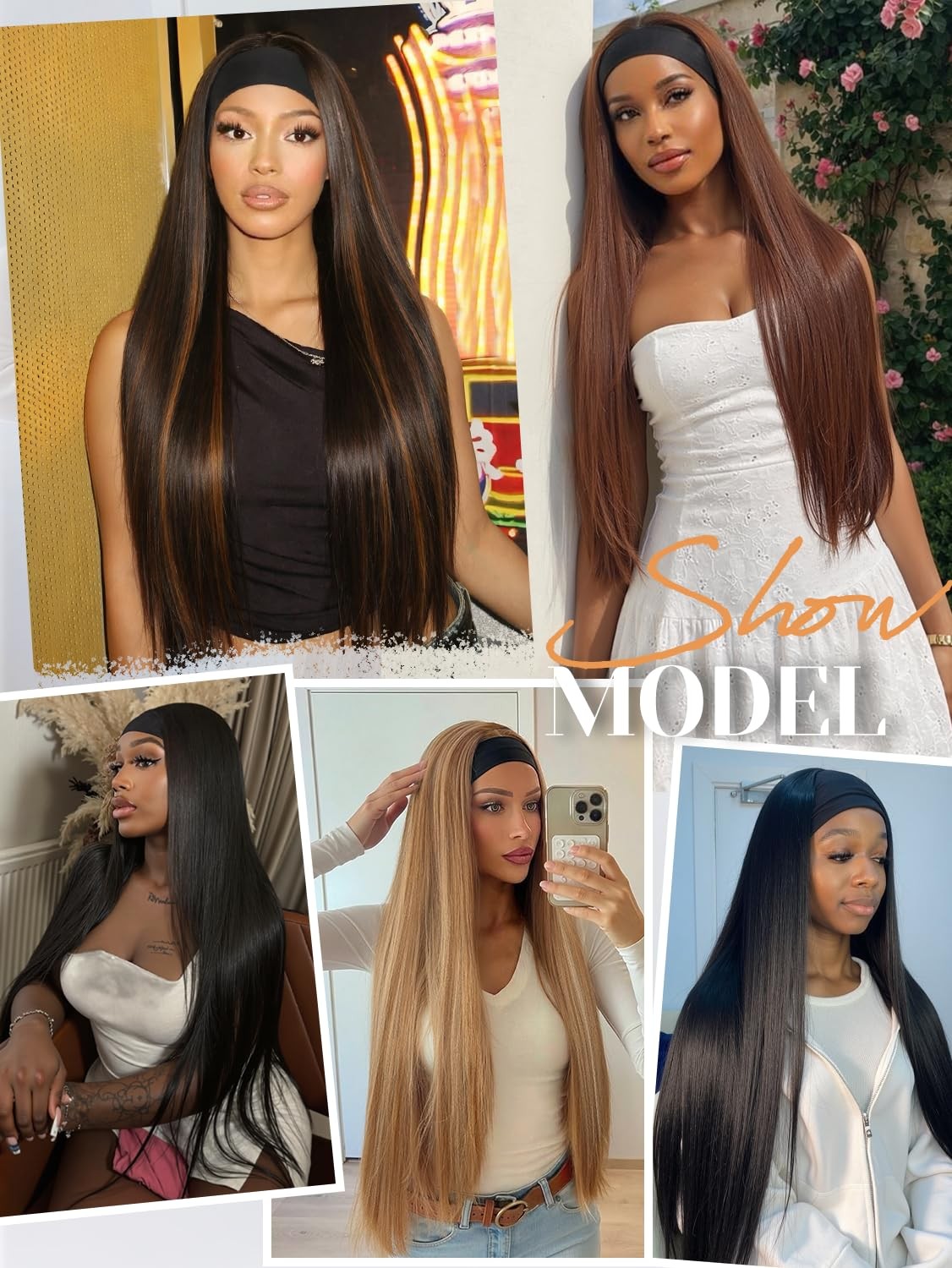 Highlight Headband Wigs for Black Women 30 inch Mixed Brown Straight Half Wig…
