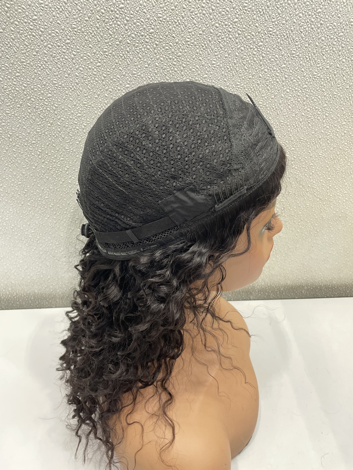 Natural Black Deep Wave Human Hair Blend Glueless Half Wig, 20″