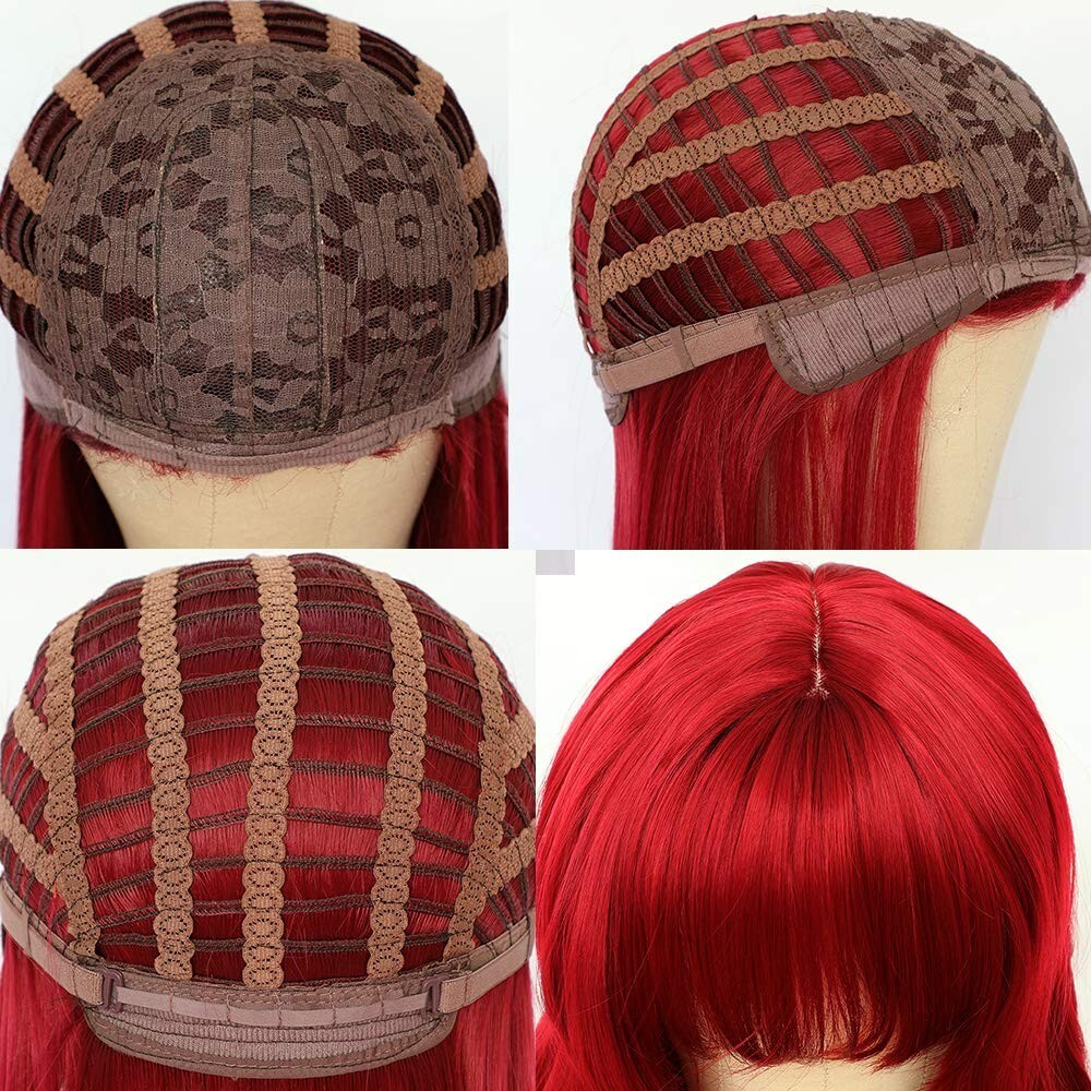 Long Straight Red Wigs Full Neat Bangs Heat Resistant Synthetic Hair Wig Cosplay