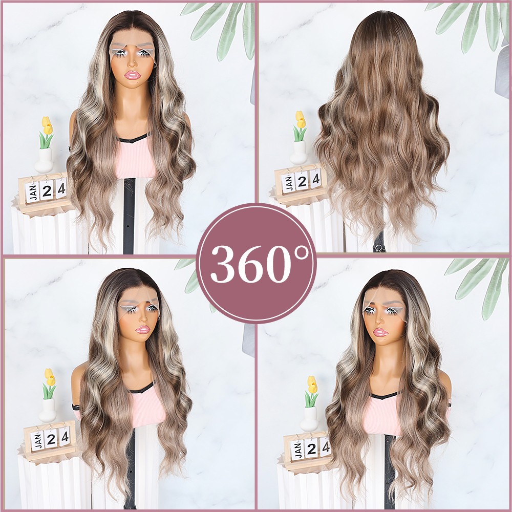 Natural Brown Blonde Mixed Color Lace Front Wigs Long Body Wave Hair Women Party