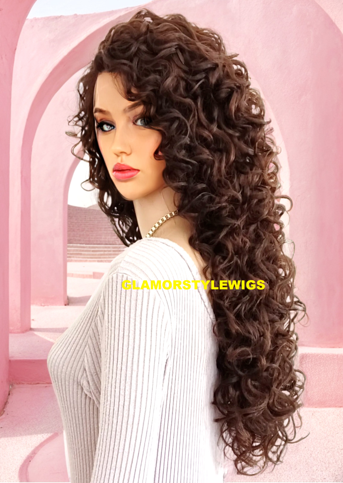 32″ LACE FRONT FULL WIG LONG SPIRAL CURL LAYERED SIDE PART BROWN AUBURN MIX NWT