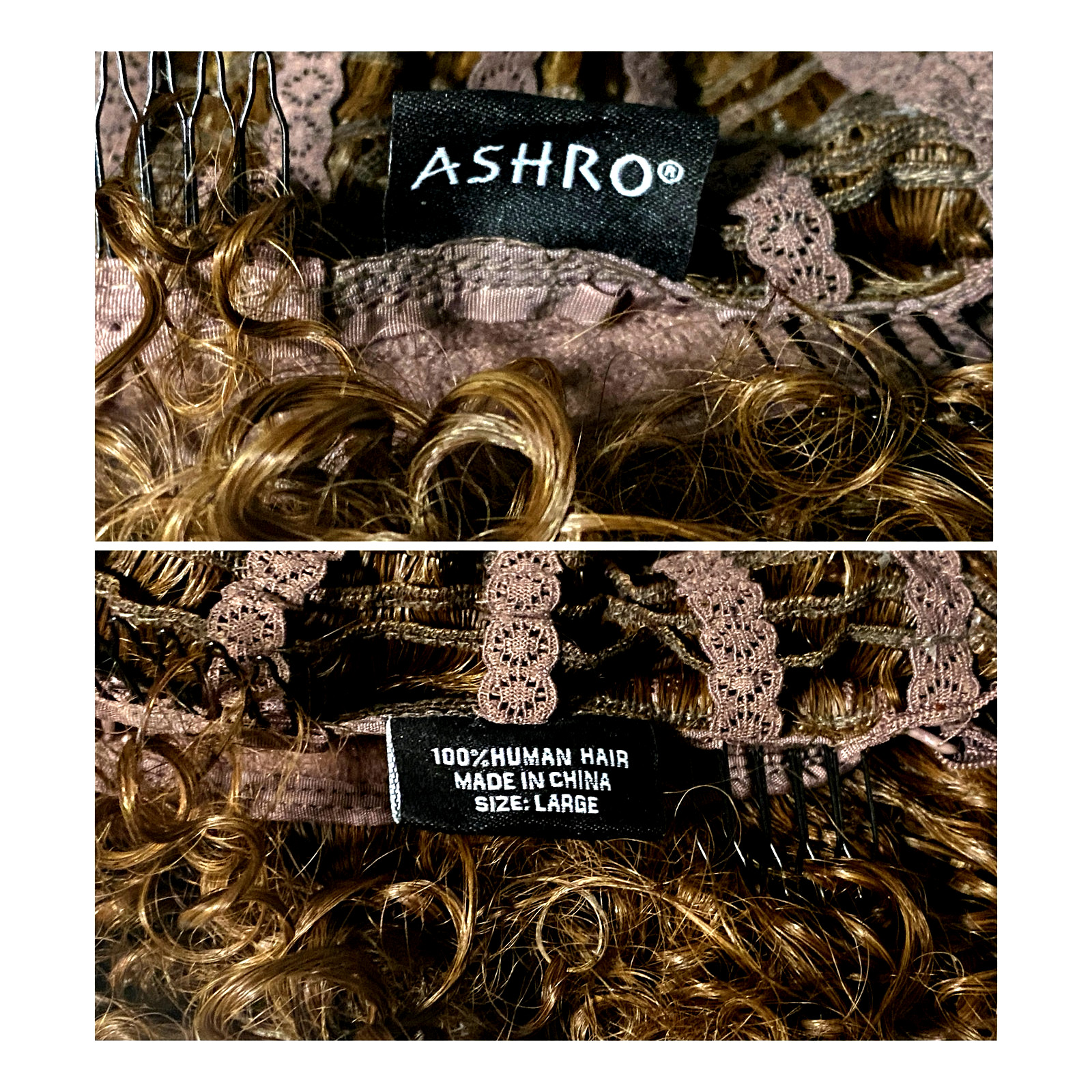 Ashro 100% Human Hair Spiral Curl Wig Brown Frost Ombre Women Size Large NWT