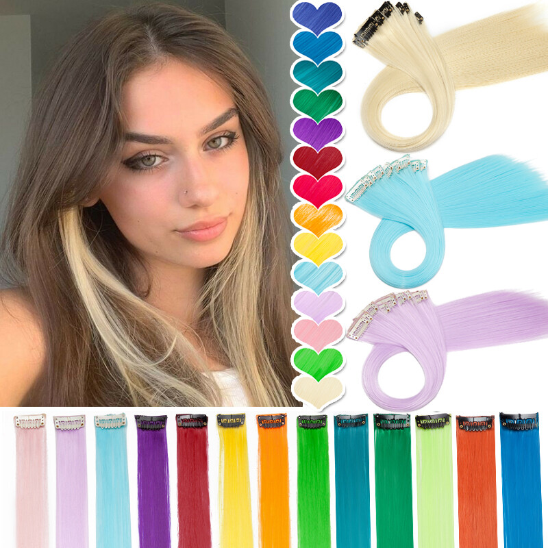 NEW Streaks Highlight Clip In Hair Extensions 10PCS Rainbow Hair Piece As Human