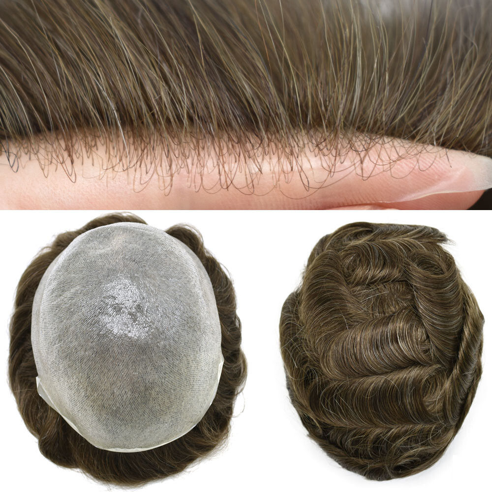 Mens toupee Hair Replacement System Thin Skin Men Wigs Human Hairpieces Brown US