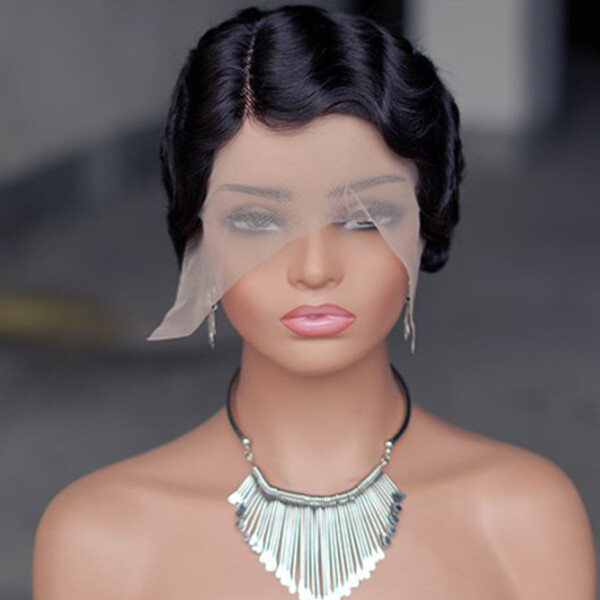 Black Short Finger Wave Wig 100% Human Hair Wig Lace Front Remy Glueless Natural