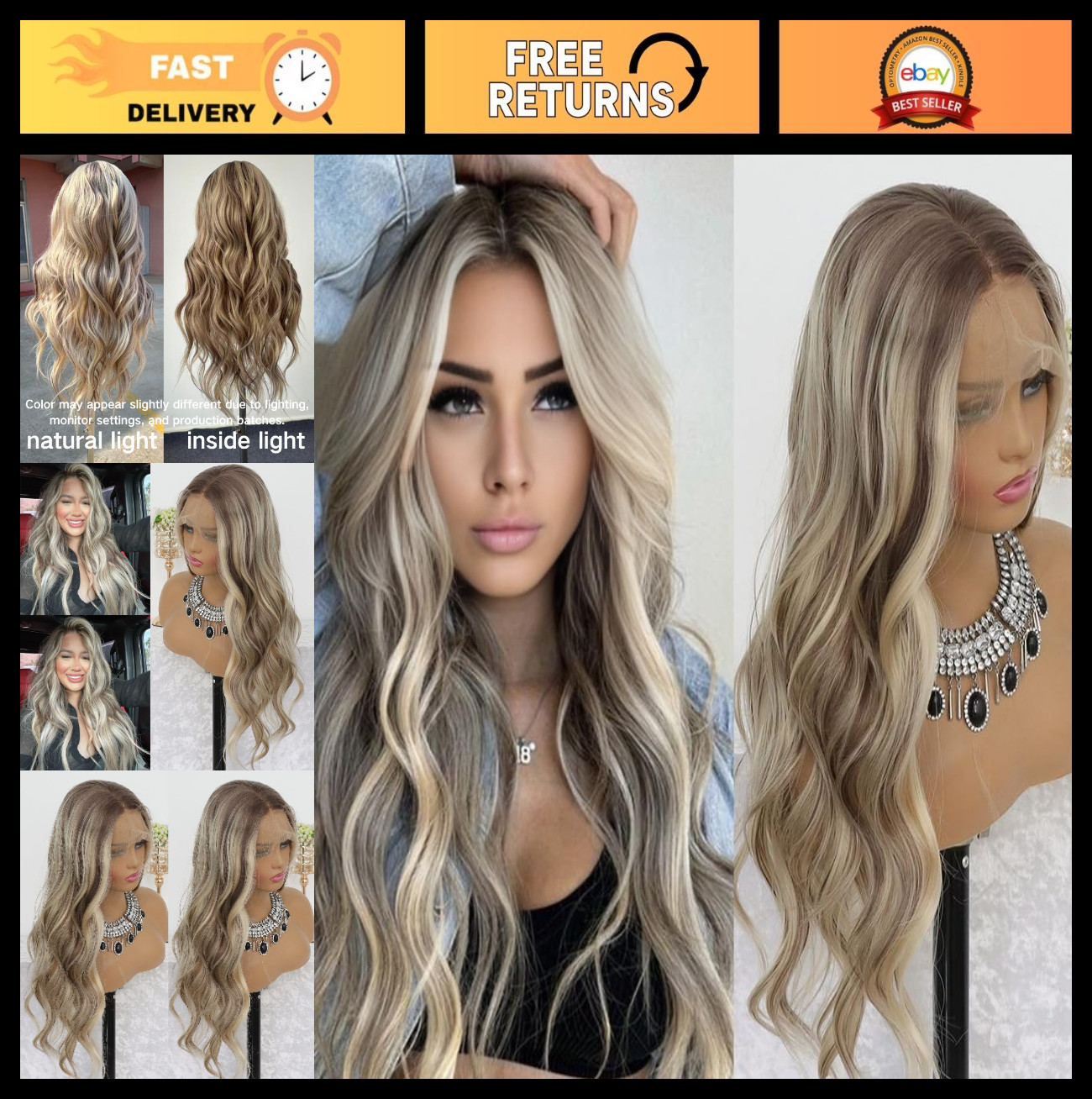 24″ Long Wavy Ash Blonde Lace Front Wig – Pre Plucked, Glueless, Ombre 13×4 Synt